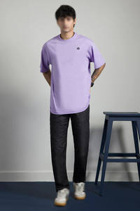 T-shirt à manches courtes en coton lavande pour homme, col rond, coupe ample, épaules tombantes, imprimé personnalisé, broderie, minimaliste, décontracté, quotidien - Product Image 5