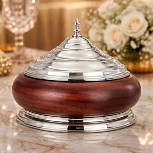 Recipiente redondo de acero para alimentos con tapa y base de madera - Product Image 1