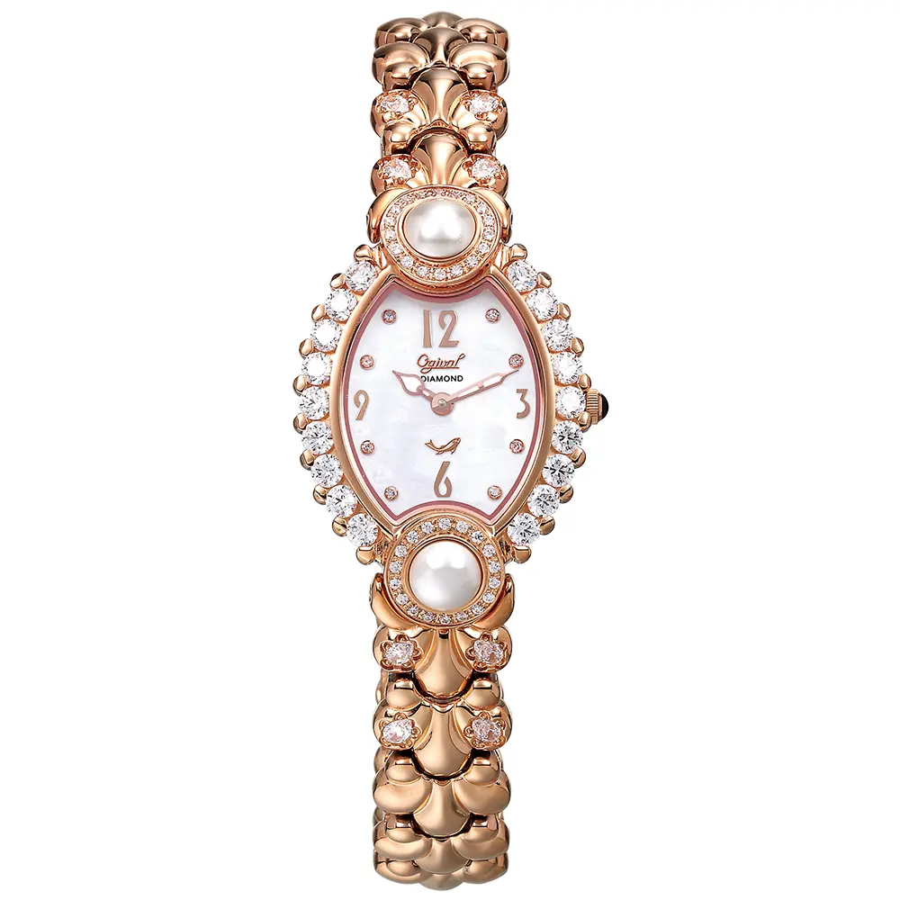 Ogival marca relógio Versailles Palace Pérola Real Diamante Aço Inoxidável Rosa Banhado A Ouro CZ movimento SWISS Relógio para Mulher