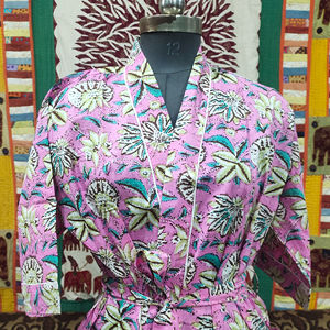 Hermoso Kimono Floral de algodón Bloque de mano Impreso Bata larga Mujer Bata de algodón ligero Albornoz Ropa de dormir - Product Image 1