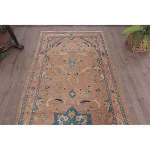 Alfombra Turca Vintage, Alfombra de 3.8x10 pies, Alfombra de Lana con Diseño Floral Marrón y Azul - Product Image 4