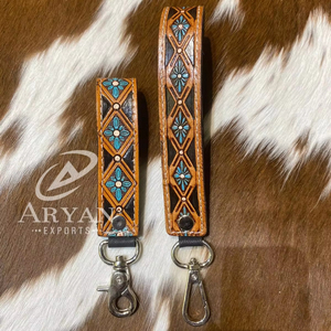 New Turquoise & Brown Hand <b>Tooled</b> Wristlet Leather Keychain Set Personalized Key Fob-Cowgirl Car Key Western Key Strap Key Clip - Product Image 1