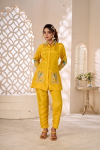 Yellow Crepe <b>Fabrics</b> with Traditional Style for Girls' <b>Indian</b> & Pakistani Kurta/Kurti Clothing Beautiful Co-Set Work - Product Image 3