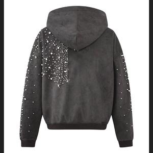 Venta al por mayor de diamantes de imitación Sudadera con capucha Streetwear Unisex Oversized Zip up Suede Rhinestone Pearl Sudadera con capucha para los hombres - Product Image 3