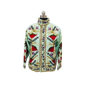 Sujani Khadi Cotton <b>Jacket</b> Double-Breasted Satin Outerwear Fringed <b>Sequins</b> Patchwork Decorations Custom Linen for Spring Fall - Product Image 1