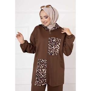 Scuba Con Cremallera Adornado Leopardo Conjunto De 2 Piezas Marrón - Product Image 3