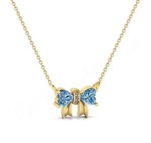 À la mode Bowknot Double Coeur Bleu Zircon Personnaliser Unique Plaqué Or Femmes 925 Colliers En Argent Sterling pour Cadeau D'anniversaire - Product Image 5