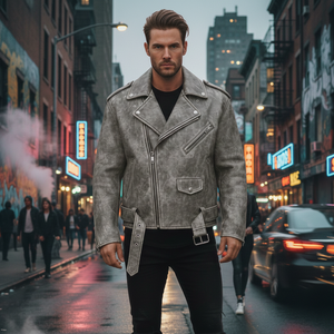 Chaqueta de Cuero Deslavada al Ácido Gris Desteñido para Hombre al por Mayor, Estilo Vintage de los 80, Chaqueta de Motociclista Extra Grande - Product Image 4