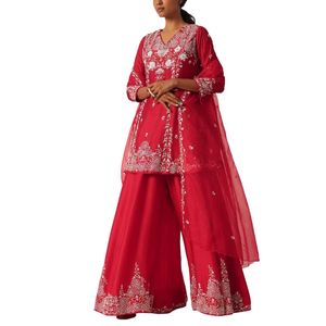 Set di paillettes rosse abbellite Kurti Palazzo all'ingrosso donna abbigliamento etnico OEM fornitore di abbigliamento personalizzato festa di nozze abito vestito - Product Image 3
