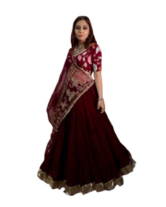 Style indien pakistanais femmes brodé Lehenga Choli Dupatta Blouse fête de mariage porter pleine conception de filet pour l'hiver été - Product Image 1