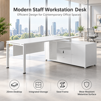 Bureau d'angle en forme de L, minimaliste, blanc, en panneaux de particules de 25 mm, grand meuble latéral, pieds en acier, pour bureau à domicile, salle d'étude