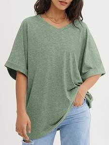 Camisetas estampadas personalizadas con cuello en V de manga corta verde gris sólido de estilo caliente de verano para mujer Camisetas en blanco de moda de verano - Product Image 3