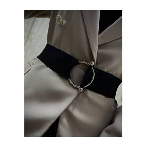 Women's <b>Elastic</b> <b>Belt</b> with Double Ring and Barbell Buckle, Suitable for Jackets, Shirts, and Dresses. - BLACK-TAN - Product Image 4