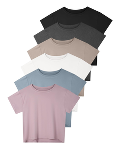 Paquete de 6 camisetas cortas para mujer, manga corta, entrenamiento atlético, Yoga, correr, gimnasio, informal, transpirable, holgado, para invierno - Product Image 1