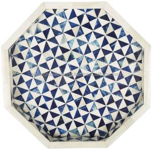 Plateau de service hexagonal fait main en os incrusté, bleu et blanc, avec poignée, vaisselle de cuisine, article cadeau - Product Image 1