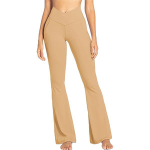 Pantalons de yoga côtelés taille haute pour femmes |   Leggings de fitness évasés avec poche latérale, taille haute, côtelés, pantalon de sport évasé - Product Image 3