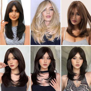 Peluca en capas de 22 pulgadas hasta los hombros para mujer con flequillo, Peluca de pelo sintético Natural, resistente al calor, cómoda, rubia platino - Product Image 6