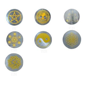High quality selenite <b>coaster</b> 7 different Symbols Engraved Charging Disc Round Crystal <b>Coasters</b> for Drink with Coffee Stand - Product Image 5