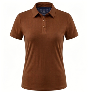 High Quality 220 GSM Rib Knit Women Polo Shirt Smooth Stretch Fabric <b>Brown</b> Tone Custom Logo Embroidery Printing Women Polo Shirt - Product Image 2