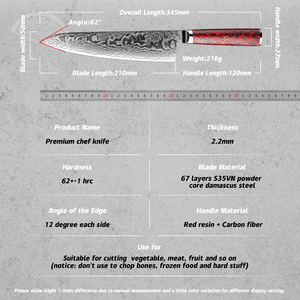 มีดเชฟเหล็กญี่ปุ่นดามัสกัสพร้อมที่จับทำจากเรซินสีแดงและคาร์บอนไฟเบอร์ - Product Image 6