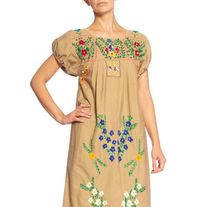 Vestido Midi Vintage de estilo mexicano para mujer, cuello cuadrado, manga corta, bordado a mano, cintura tejida de algodón 100%, ajuste Natural - Product Image 1