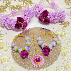 Conjunto de joyería nupcial Mehndi Floral púrpura hecha a mano, conchas de cauri, collar Haldi, pendientes, anillo y pulsera para bodas islámicas - Product Image 1