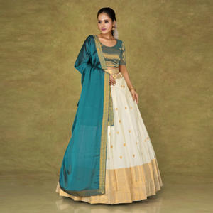 Banarasi Silk Lehenga Choli with <b>Gold</b> Woven <b>Skirt</b>, Contrast <b>Pleated</b> Drape Style, Rich Border Detailing, Wedding Ceremony Outfit - Product Image 4