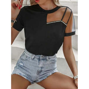Blusa de Crepé de Manga Corta para Mujer con Detalles de Tul y Adornos de Pedrería, 37318 - Negro - Product Image 1