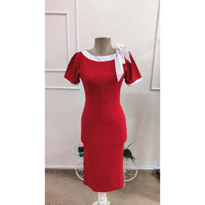 Women's <b>Short</b>-Sleeved Imported Crepe <b>Dress</b> with Decorative Lace-Up Neckline, 35764 - <b>Red</b> - Product Image 4
