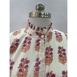 Vestido para mujer 100% algodón estampado de bloque de mano verano Maxi hecho a mano volante botón abajo soporte cuello Casual botón abajo vestido - Product Image 4