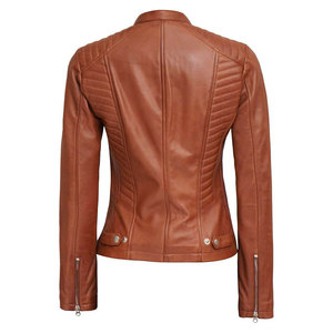 Women's Brown Quilted Faux Lambskin Leather Bomber Motorcycle Jacket <b>Zipper</b> Closure Breathable Regular Fit Customizable (XXS) - Product Image 3