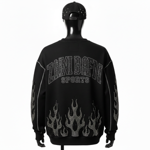 <b>Men</b> Oversize Sweatshirt Luxury GSM Heavy Cotton <b>Fleece</b> <b>Black</b> Crystal Hotfix Flame Design Custom Logo Basics Oversize Sweatshirts - Product Image 5