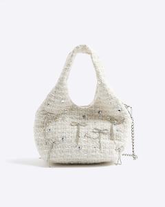 Girls <b>Cream</b> Boucle Diamante Bow Magnetic Vintage Classic Fashion <b>Clutch</b> Bag - Product Image 1