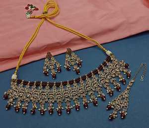 Nuevo diseño elegante chapado en oro tradicional Motipearl & Drop Kundan tachonado gargantilla collar pendiente Mangtika conjunto y conjunto de joyería Mujer - Product Image 5