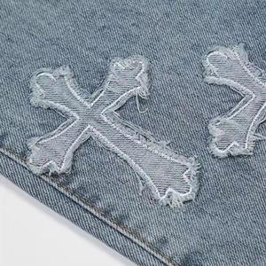 กางเกงยีนส์ฮิปฮอปสำหรับผู้ชายกางเกงยีนส์ขาบานปักลายแบบเย็บติด - Product Image 6