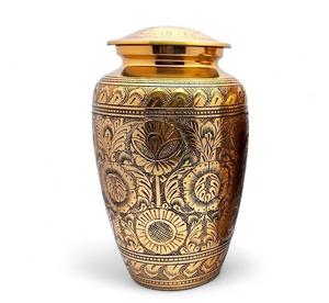 Urne funéraire dorée en métal avec motif gravé noir intégral, écologique, pour cendres humaines, 10 pouces, capacité 200 LBS - Product Image 1