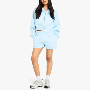 Sudaderas Cortas con Capucha y Cremallera para Mujer, Estilo Casual, Color Azul Bebé Sólido, Lavado Ácido, Alta Calidad, Venta al Por Mayor - Product Image 3