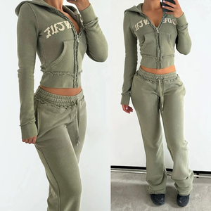 Custom Cropped Zipper Acid Washed <b>Tracksuit</b> Women's Clothing Embroidery Patch Hoodie and Sweatpants Distressed Sweatsuit Set - Product Image 1