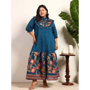 Deebaco Robe décontractée pour femme, bleu sarcelle, grande taille, imprimé floral bohème, à volants, avec manches bouffantes, longueur cheville - Product Image 1