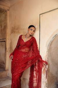 ผ้าส่าหรีเทียมลวดลายดอกไม้สไตล์ชนเผ่าขอบลูกไม้ตัดสำหรับงานปาร์ตี้ - Product Image 2