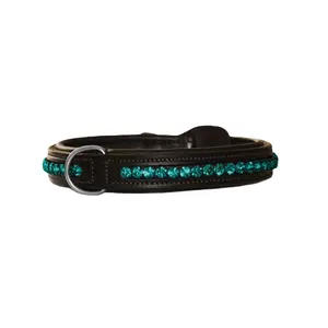 Handmade Finest Quality Leather Dog Collar With Soft Padded And Peacock Blue Crystals Decoration Supplier And Manufacturer