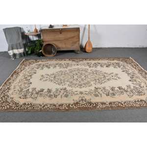 พรมตุรกีวินเทจคลาสสิกสีเบจสีน้ำตาลขนาด5.8x9.6ฟุตผ้าขนสัตว์เย็บปะติดปะต่อพื้นที่ขนาดใหญ่ที่มียางรองสำหรับห้องโถงหรือห้องนอน - Product Image 2