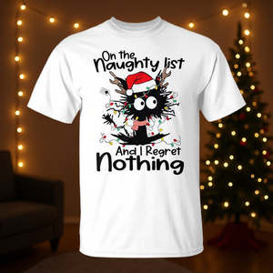 Sur la liste des gaisseries, je ne regrette rien, t-shirt avec lumières de Noël motif chat - Product Image 3