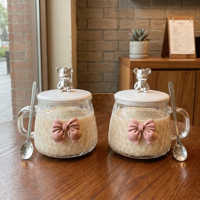 Ensemble de tasses à café en verre modernes et mignonnes avec couvercle, cuillère, design nœud papillon, grande capacité, boîte cadeau pour la maison et le bureau, cadeau de la Saint-Valentin