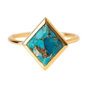 Anillo de Plata de Ley 925 Chapado en Oro de 14K con Engaste de Bisel y Piedra Preciosa de Turquesa Genuina, Estilo Clásico para Bodas o Fiestas - Product Image 4