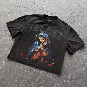 Camiseta Negra de Algodón 100% Tejido, Estampado DTG con Gráficos de Pedrería, Estilo Vintage, Personalizada, de Alto Gramaje, Lavado Ácido, Efecto Desgastado, Streetwear - Product Image 3