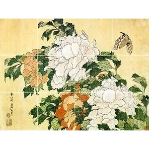 Cocina japonesa ducha Backsplash pared Mural peonías mariposa en mármol azulejo de cerámica para cocina o baño - Product Image 1