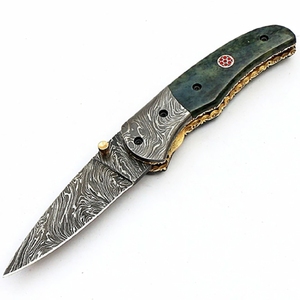 Customizable Damascus Folding Pocket Knife <b>Belt</b> Holster <b>Leather</b> <b>Pouch</b> Wood Handle OEM Display Logo Printed Folding Knives - Product Image 2