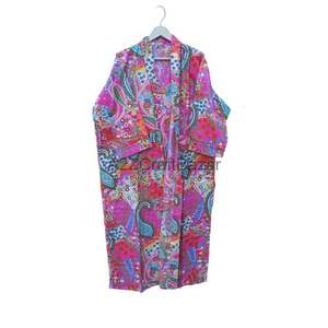 Women's High Quality Cotton Kimono Wrap Bathrobe Long Sleeve Block Print Design with <b>Belt</b> Tie Closure <b>for</b> Sleep Lounge Spa Use - Product Image 5
