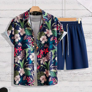 Conjunto de 2 Piezas de Ropa de Playa para Hombre, Manga Corta, Estampado Personalizado, Tela de Felpa, Informal, Transpirable, Secado Rápido, Talla Grande, Poliéster/Algodón - Product Image 1